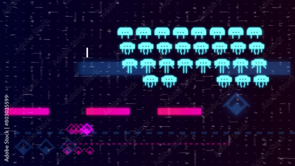 CGI screen of 8 bit space shooter game interface with battling swarms of aliens
