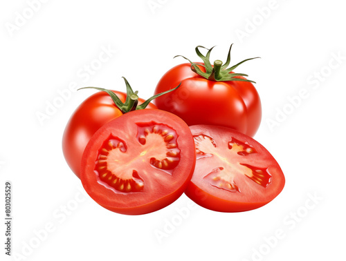 A ripe whole tomato with two succulent slices isolated on a transparent background, showcasing fresh produce. Generative AI