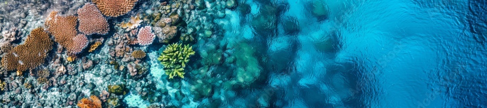 Aerial View of Vibrant Coral Reef Bordering Deep Blue Ocean Aerial View of Vibrant Coral Reef Bordering Deep Blue Ocean
