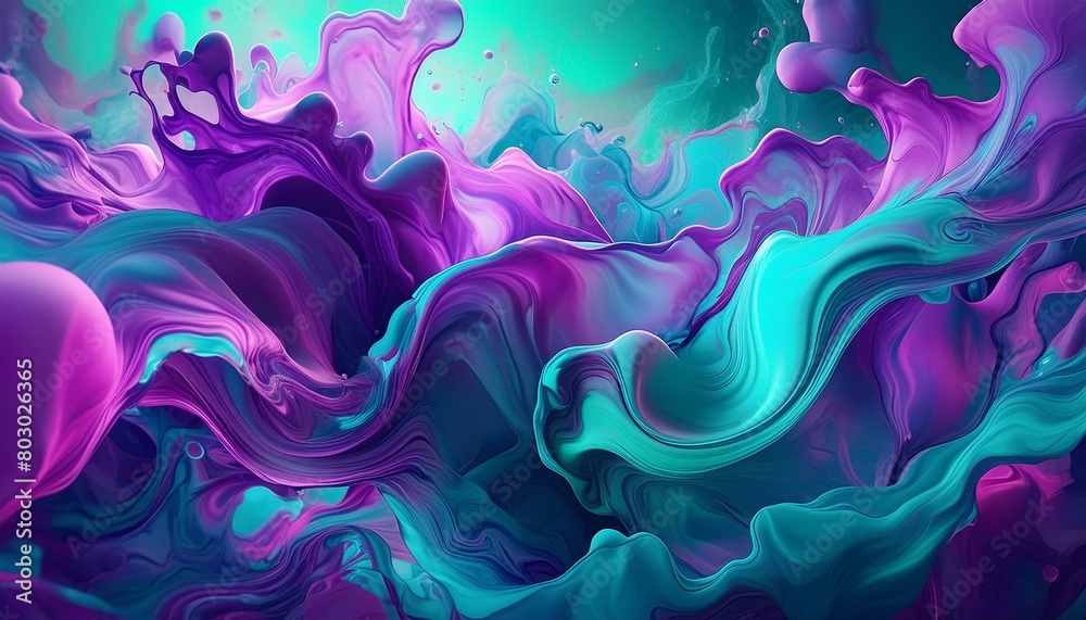 High-speed photography of ink drops in water, with vibrant teal, magenta, and violet 