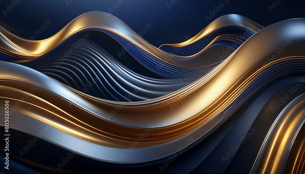 Wavy, ribbon-like forms undulating across the canvas, rendered in metallic gold and silver 