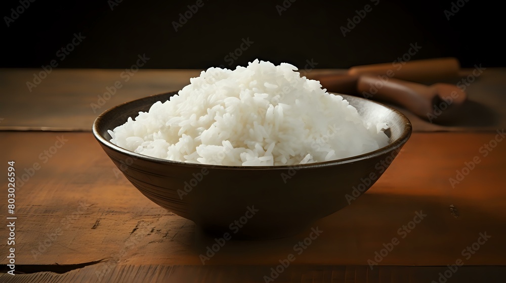White Rice Bowl: Asian Cuisine, Simple Breakfast, Black Background Setting White Rice Bowl: Asian Cuisine, Simple Breakfast, Black Background Setting