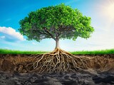 Vibrant green tree showing detailed exposed roots within a soil cross-section under a clear blue sky, depicting environmental science.