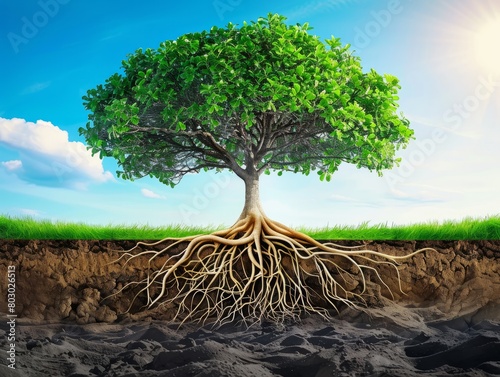 Vibrant green tree showing detailed exposed roots within a soil cross-section under a clear blue sky, depicting environmental science. photo