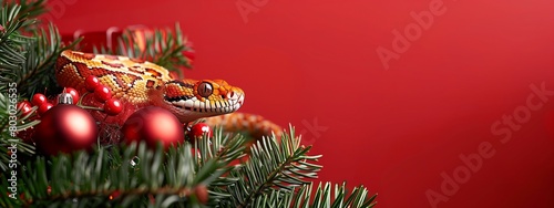 Banner Happy Chinese New Year 2025 zodiac snake. A snake on red background with christmas tree and christmas tree toys copy space.