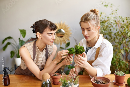 Two arty women explore a plant with curiosity and awe.