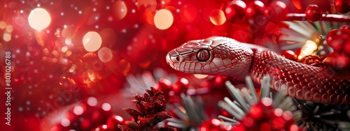 Banner Happy Chinese New Year 2025 zodiac snake. A snake on red background with christmas tree copy space.