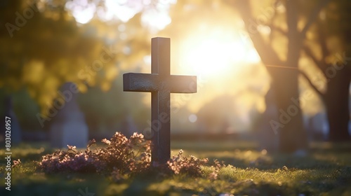 Grave Marker and Cross: Serene Scene in Catholic Cemetery Setting