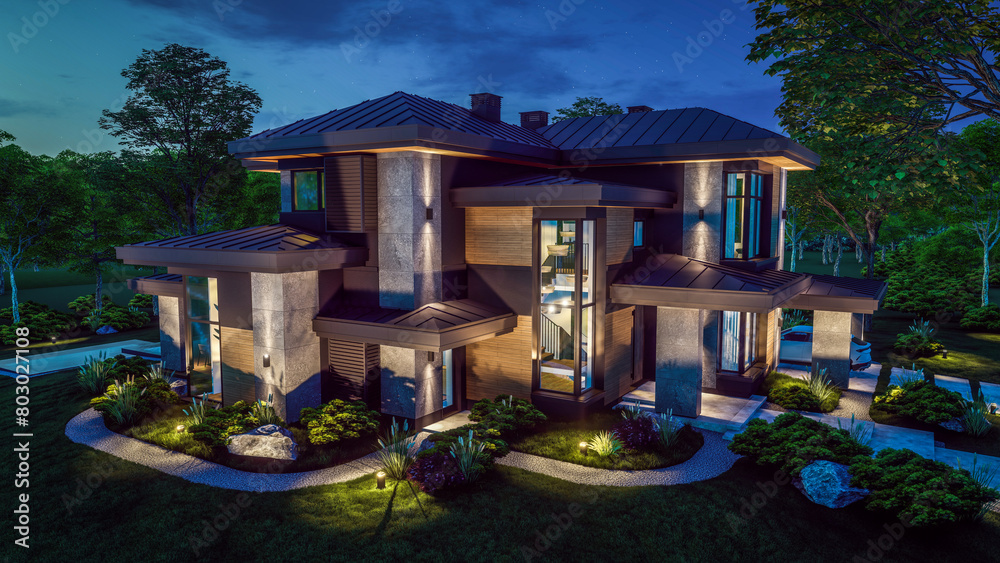 3d rendering of modern two story house with gray and wood accents, large windows, parking space in the right side of the building. Clear summer night with many stars on the sky.