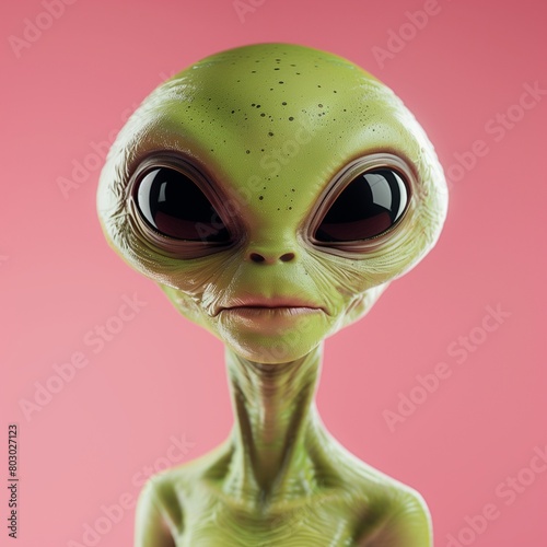 Portrait of a green alien on a pink background.