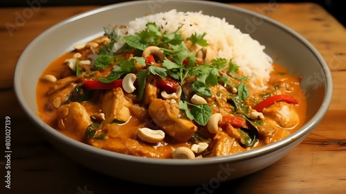 Delicious Thai Dish: Chicken and Cashew Red Curry with Rice and Herbs