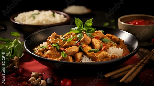 Flavorful Meal: Thai-Inspired Chicken Red Curry with Rice and Herbs