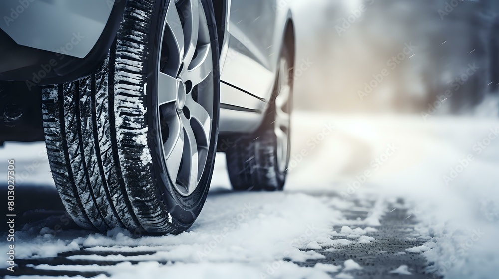 Snowy Road: Close-Up of Car Tires in Winter Driving Condition