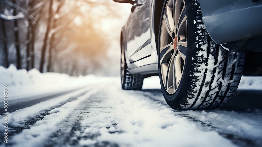 Winter Drive: Car Tires Close-Up on Snow-Covered Road Trip Winter Drive: Car Tires Close-Up on Snow-Covered Road Trip