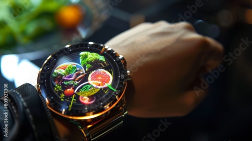 Smartwatch projecting a daily nutrition guide holographically, tailored to wearer's health needs