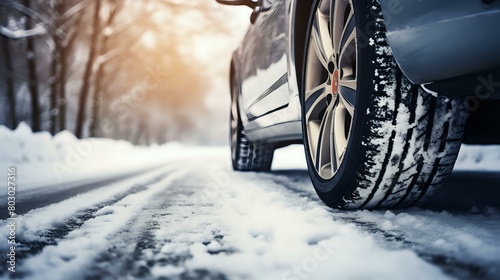 Winter Drive: Car Tires Close-Up on Snow-Covered Road Trip