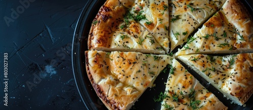 Top view of a kitchen tray filled with slices of Round Borek cheese pie baked with herbs, set against a dark background. photo
