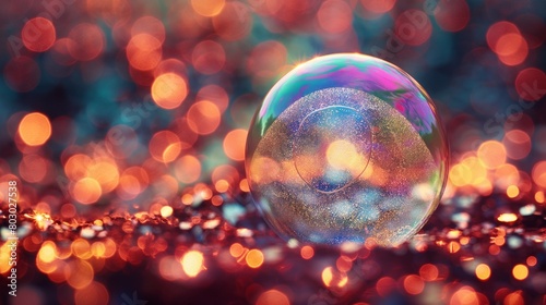 A perfectly round, iridescent soap bubble floating against a multicolored glitter background. photo