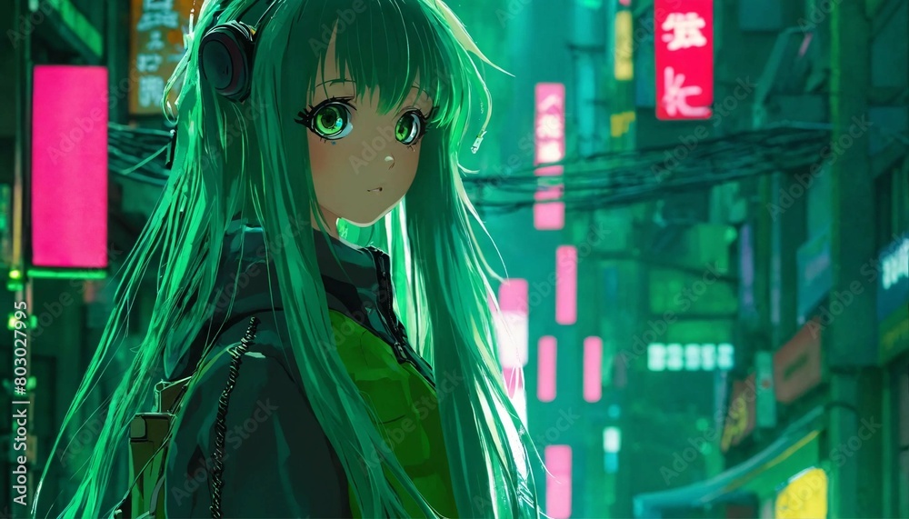 Fototapeta premium anime girl with green hair and eyes in night cyberpunk city