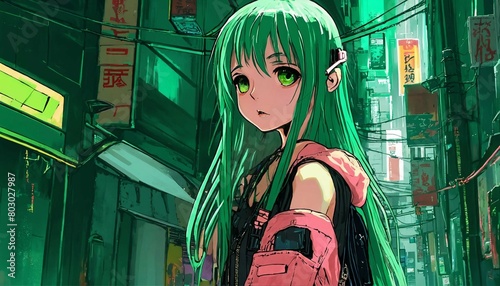 portrait of a anime woman with green eyes and hair in cyberpunk style city photo