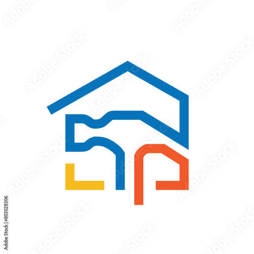 Colorful line art of abstract house with hammer