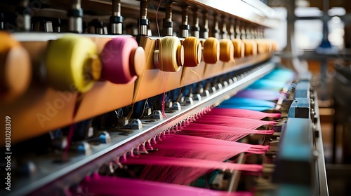 Colorful silk threads wound on machines in a textile setting. photo