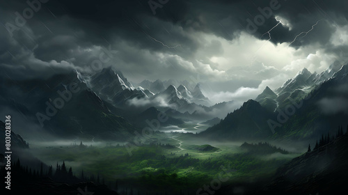 The calm before a storm in a mountainous landscape, where dark, brooding clouds roll over the peaks, and the tension in the air is palpable, yet there's a striking beauty in the ominous scene. photo