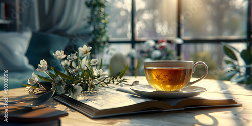 Cozy Window Tea Sipping.A captivating still life composition featuring vintage books and a steaming cup of tea 