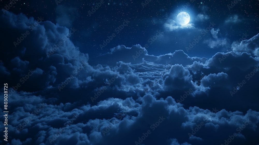 Majestic night sky with luminous clouds and starry backdrop.
