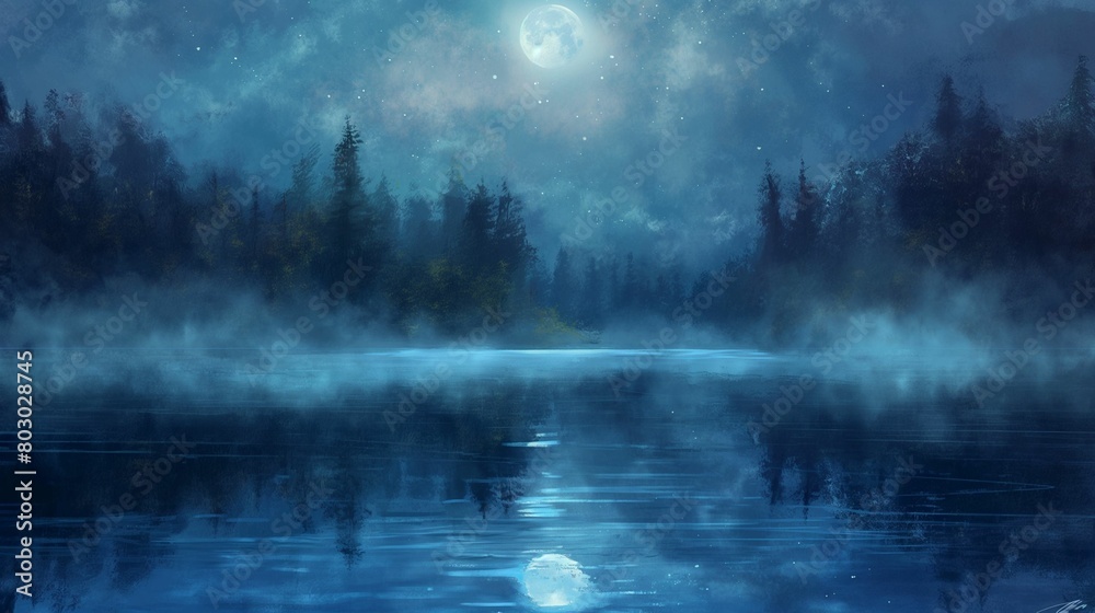 Moonlit lake with forest silhouette and starry night sky. Moonlit lake with forest silhouette and starry night sky.