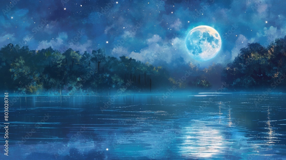 Moonlit lake with forest silhouette and starry night sky.
