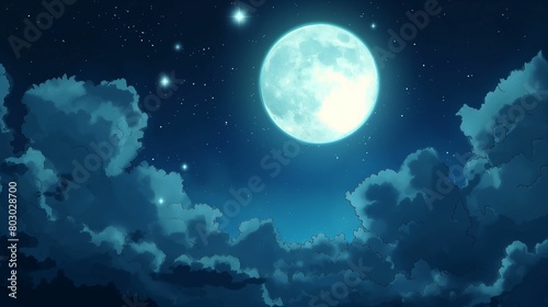 Full moon glowing brightly over cloud-filled night sky.