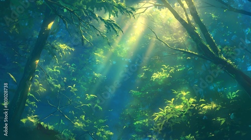 Enchanted forest scene with sunlight filtering through lush green foliage.