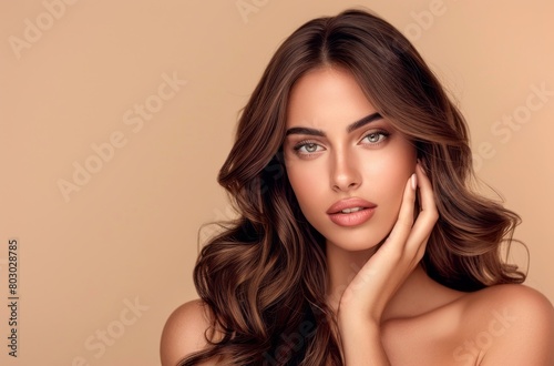 A beautiful woman with long, wavy hair posing for the camera against a beige background, in the style of hair salon concept banner design