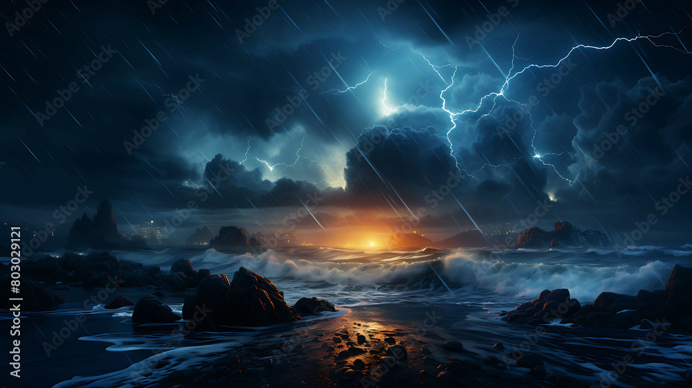 The dramatic spectacle of a lightning storm over the ocean, with forks of lightning illuminating the dark clouds and the sea, and the distant rumble of thunder adding to the intensity.