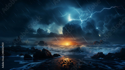The dramatic spectacle of a lightning storm over the ocean, with forks of lightning illuminating the dark clouds and the sea, and the distant rumble of thunder adding to the intensity. © Muhammad