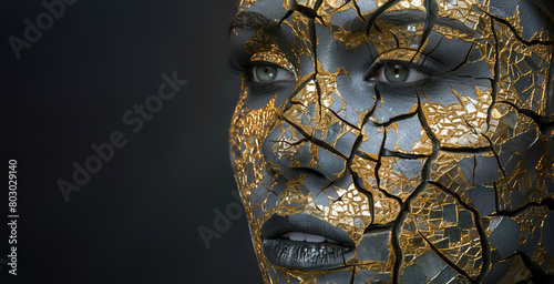  woman's face is made of gold and broken pieces, photo
