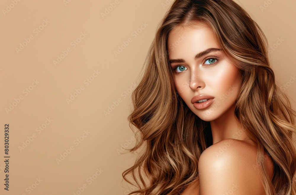 Naklejka premium A beautiful woman with long, wavy hair posing for the camera against a beige background, in the style of hair salon concept banner design