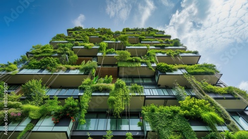 A green building with vertical gardens, ecofriendly architecture, blue sky background photo