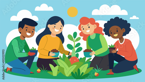 A circle of friends laughing and chatting as they plant freedom seeds in a local school garden envisioning a brighter future for generations to come.. Vector illustration