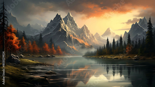 The peaceful solitude of a high-altitude lake nestled among towering mountains, with the early morning mist rising from the surface as the first light of day paints the peaks in warm hues.