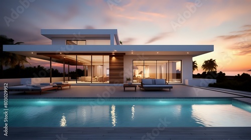 Sunset ambiance illuminates exterior of contemporary villa with pool