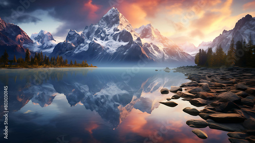 The peaceful stillness of a high-altitude lake at dawn, encircled by towering peaks, where the reflection of the mountains and the sky in the glassy water creates a perfect symmetry. photo