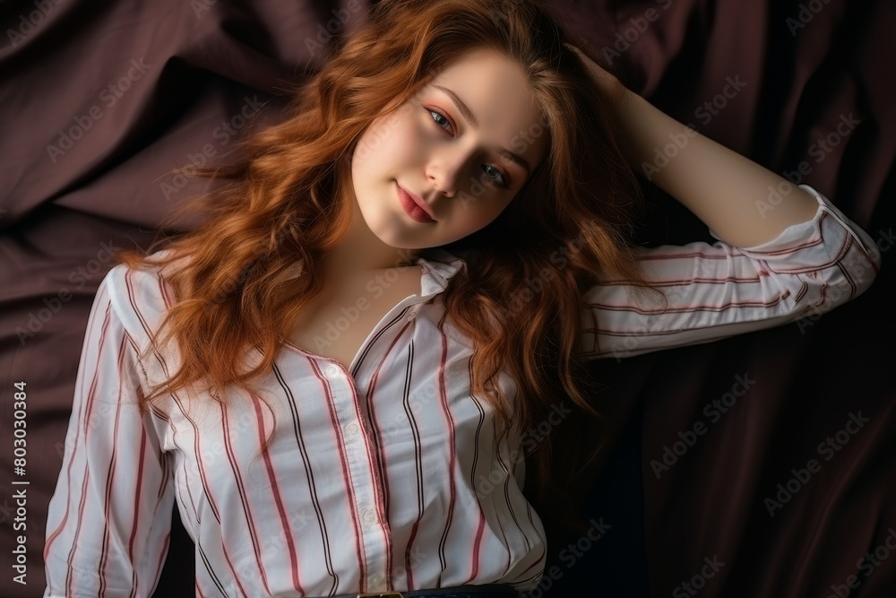 Seductive redhead woman in striped shirt, hand on head. Seductive redhead woman in striped shirt, hand on head.