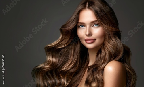 A beautiful woman with long  wavy hair styled in loose waves and soft curls posing for an advertisement of shampoo or conditioner product