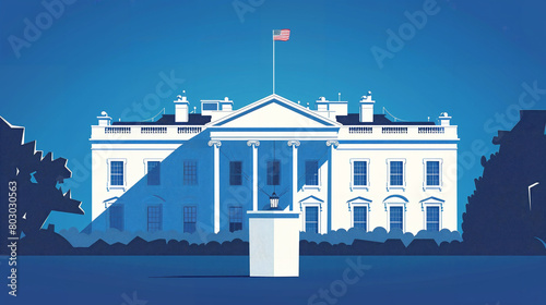 2024 United States Presidential Election. Minimal poster art of a ballot box and white house, the US flag. photo