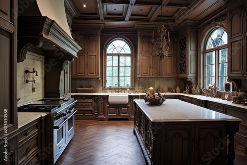 Baroque Gothic Kitchen with Stained Windows and Garden View
