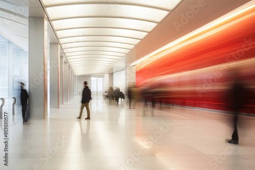 People Walking in Hallway with Subtle Gradations and Light Trails - Minimalist Composition