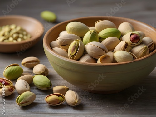 Pistachio nuts in bowl on wooden background. Healthy food generated by ai