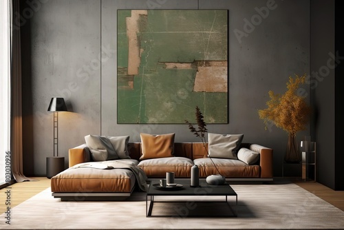 Minimalist Living Room with Large Sofa, Lamp, Plant, and Geometric Abstract Painting